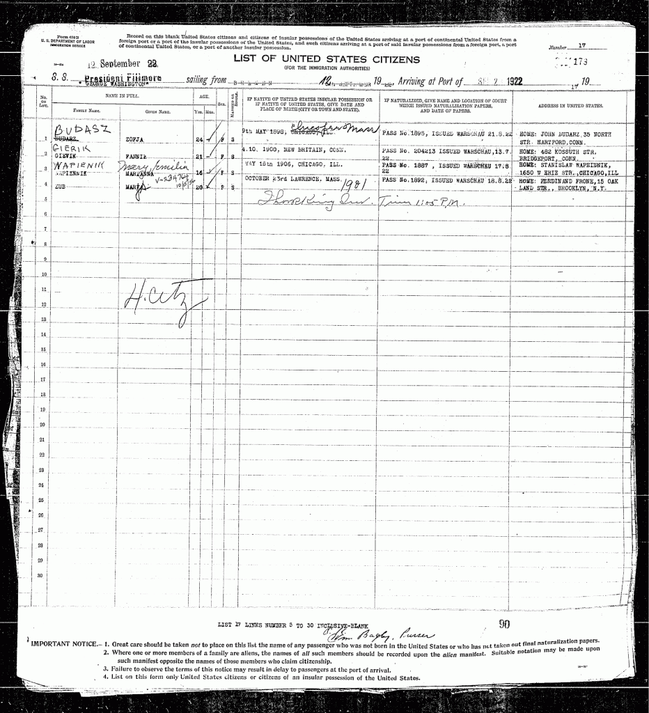 Marya Emilia Wapiennik Ellis Island Manifest